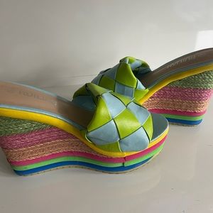 Preowned Ruilian High Heeled Slides size 39 Multi Colored Straw Heels